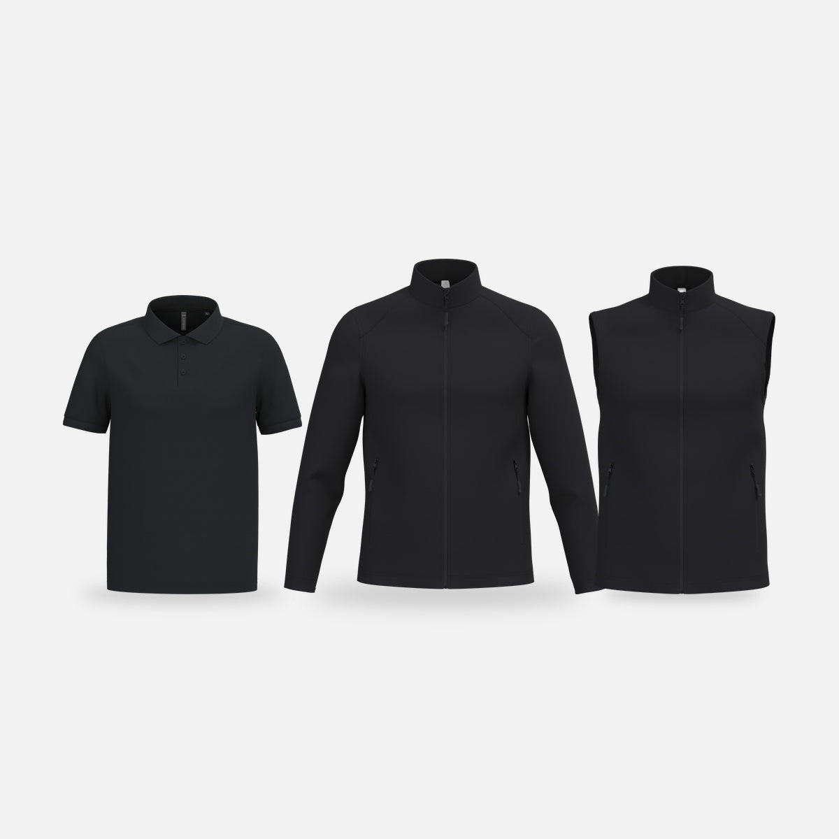 Bedrijfskleding om te bedrukken: zwarte polo, softshelljas en bodywarmer