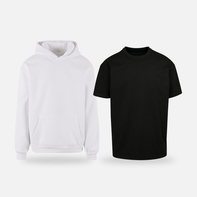 Build Your Brand kleding om te bedrukken: witte hoodie en zwart oversized T-shirt