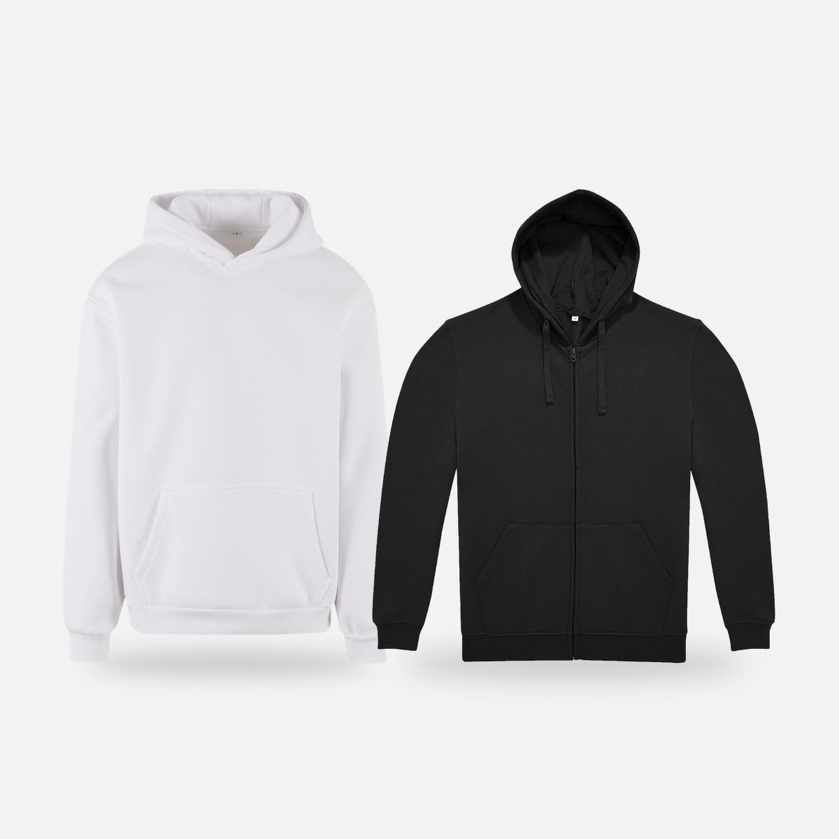 Hoodies en sweaters om te bedrukken: witte hoodie en zwarte hoodie met rits