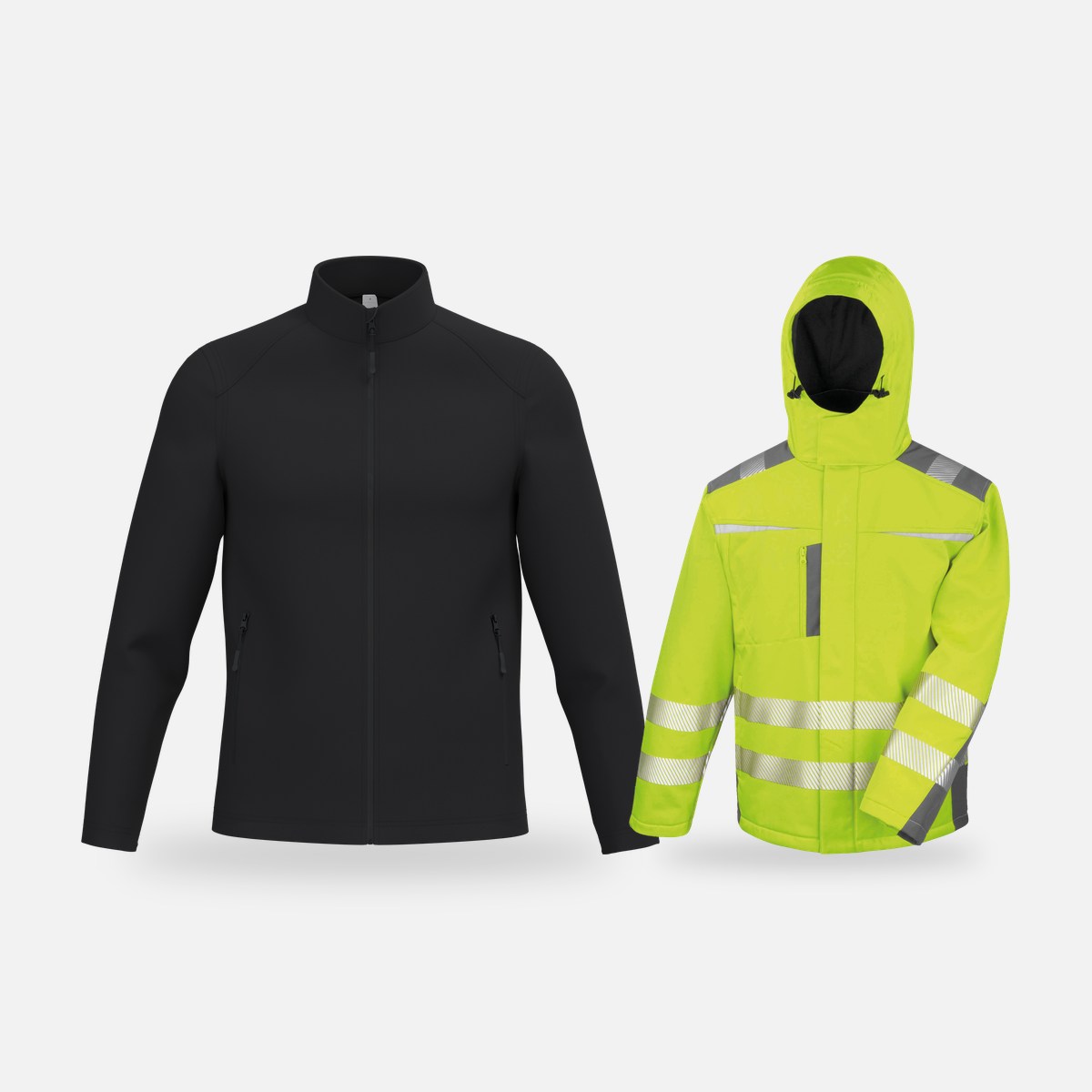 Jassen en softshells om te bedrukken: zwarte softshelljas en fluo gele werkjas
