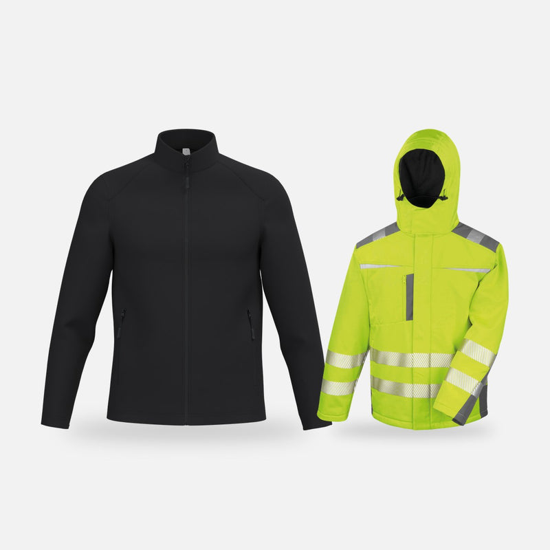 Jassen en softshells om te bedrukken: zwarte softshelljas en fluo gele werkjas