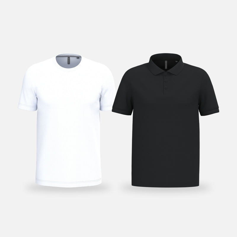 Kariban kleding om te bedrukken: wit T-shirt en zwarte polo