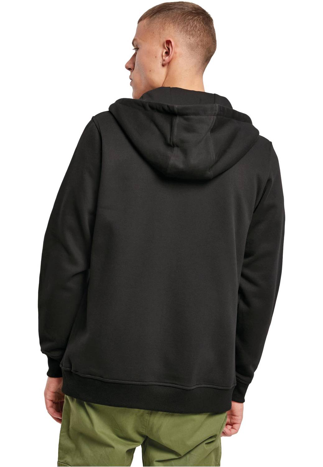 Build Your Brand BY012 hoodie met rits gedragen door model, zwart, achterkant