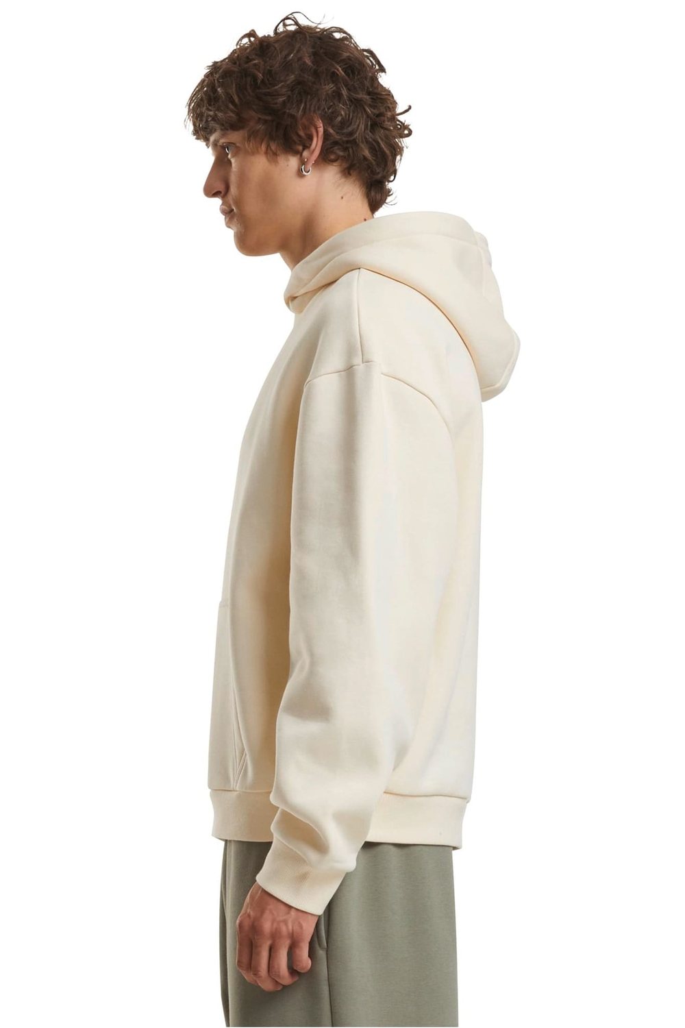 Build Your Brand BY284 hoodie gedragen door model, White-Sand (beige), zijkant