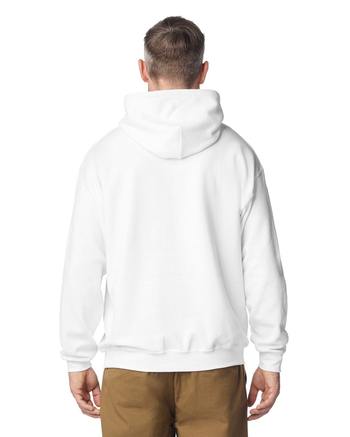 Gildan 18500 hoodie gedragen door model, wit, achterkant