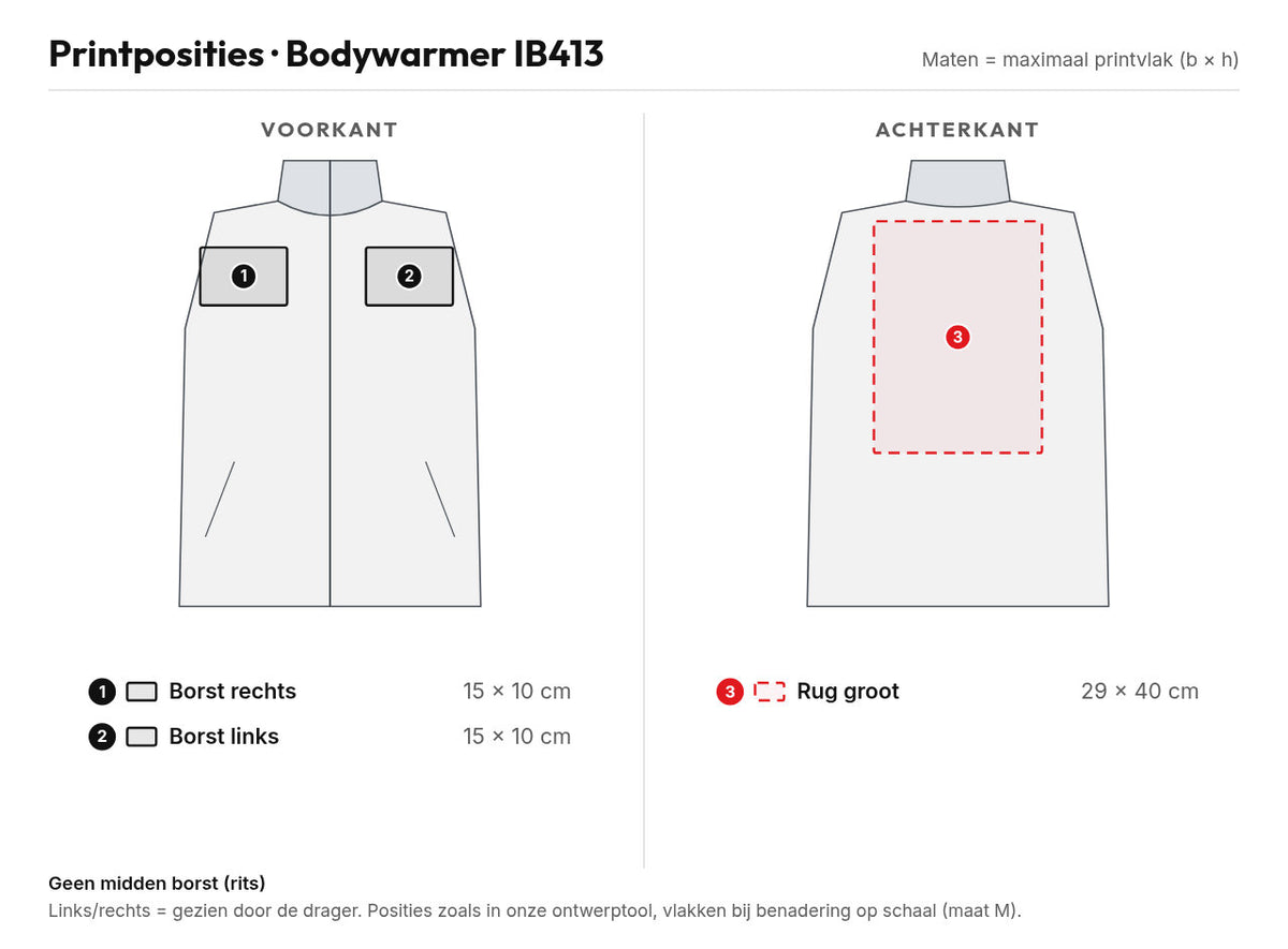 Printposities Bodywarmer IB413 – voor- en achterkant met maten