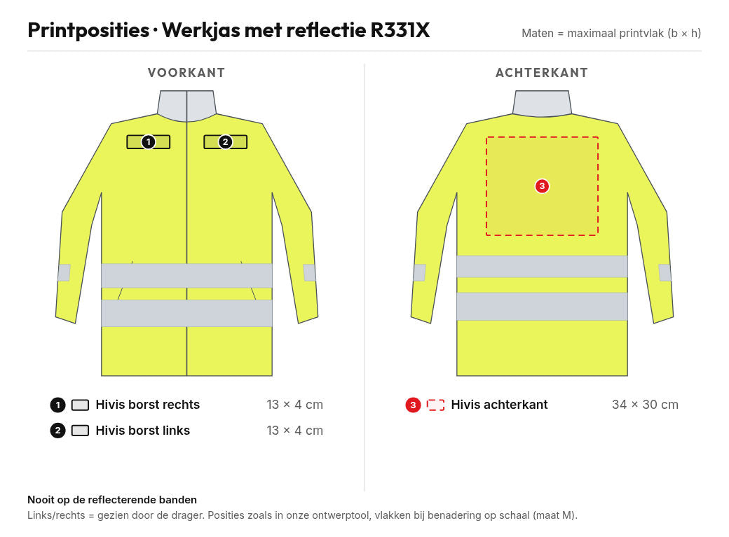 Printposities Werkjas met reflectie R331X – voor- en achterkant met maten