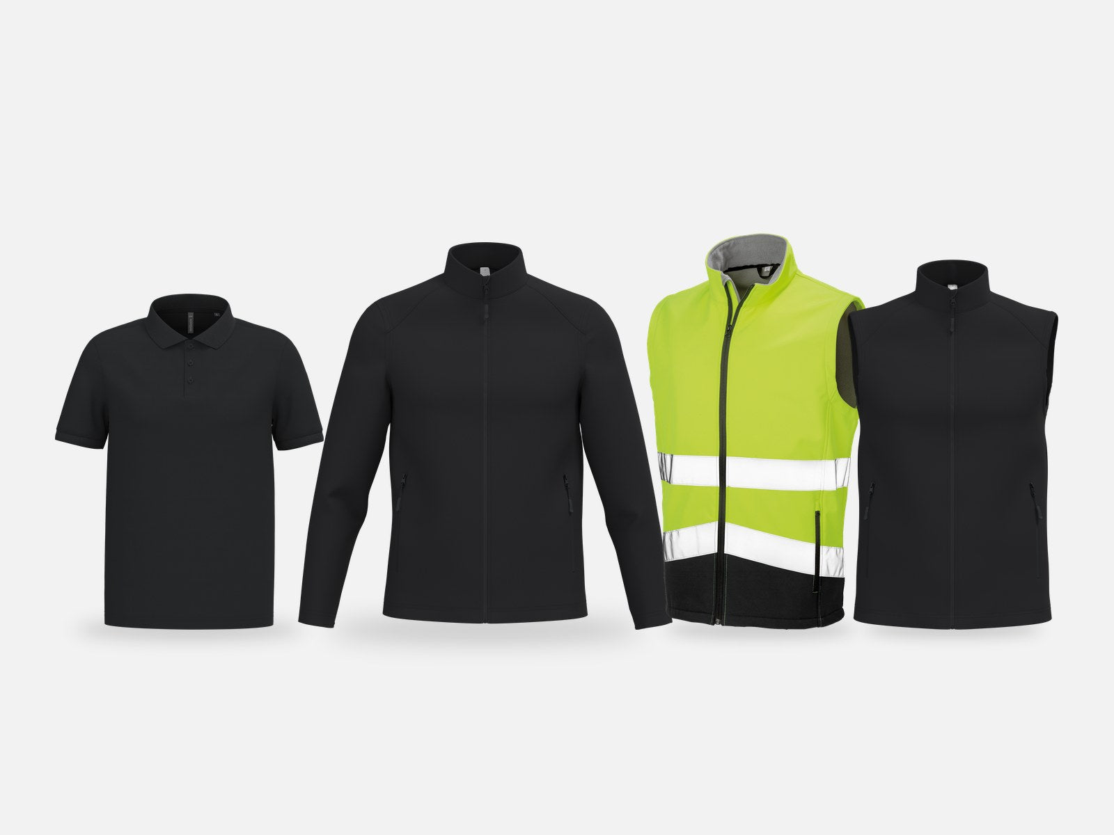 Bedrijfskleding om te bedrukken: polo, softshelljas, hi-vis gilet en bodywarmer