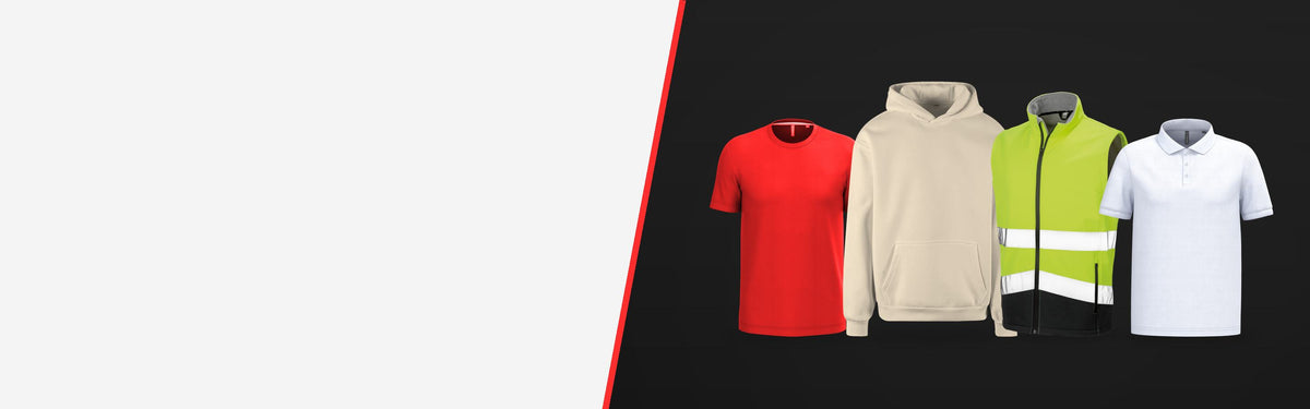 Rood T-shirt, zandkleurige hoodie, fluo veiligheidsgilet en witte polo om te bedrukken